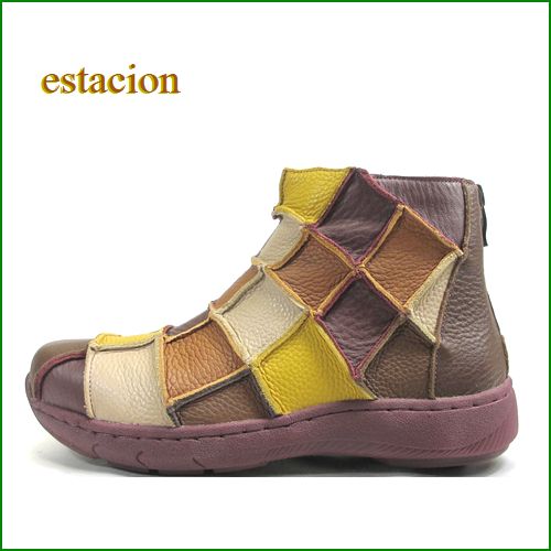 エスタシオン　estacion　et8126br ブラウンマルチ　【サイドステッチソールで登場！コロンとして可愛い丸さ・・パッチワークのブーツ】