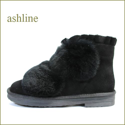 ashline　アシュライン　as177611bl　ブラック　【ふわもこラビットファーと・・可愛いフリルのデザイン。。ashline・暖かアンクルブーツ】