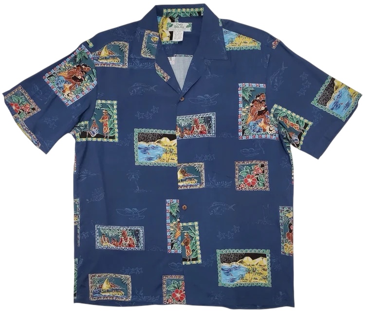 *HAWAII Mensアロハシャツ /Postcards/NAVY