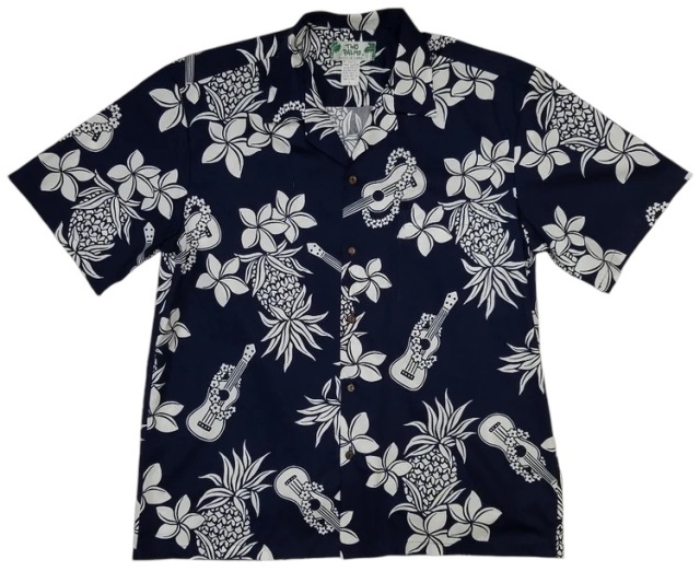 HAWAII Mensアロハシャツ/Ukulele Navy/cotton100%