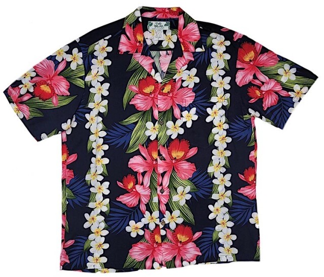 HAWAII Mensアロハシャツ/  Pulumeria orchidPanel  nvy