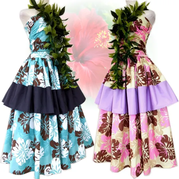【美品 フラダンス衣装】ブラウン ARBRE ワンピース ドレス 茶 ベージュ 花柄 ホヌ柄 ハワイアンプリント 絞り アロハ 可愛い 美品 フラダンス衣装】ブラウン ARBRE ワンピース ドレス 茶