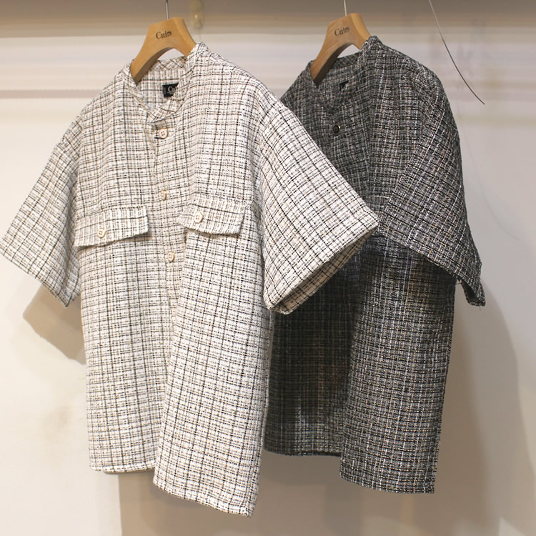 【新着】Cuirs（キュイー）メンズシャツ　ツイードチェックラウンド半袖クロップシャツ　新作デザイン｜渋谷Cuirs【通販】
