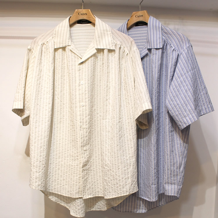 【新着】Cuirs（キュイー）メンズシャツ　ギャザーシアーサッカーストライプシャツ　新作デザイン｜渋谷Cuirs【通販】
