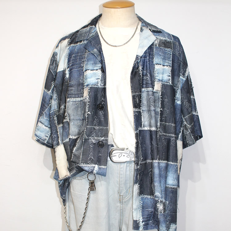 【新着】Cuirs（キュイー）メンズシャツ　パッチワーク風ダメージシャツ　新作デザイン｜渋谷Cuirs【通販】