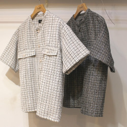 【新着】Cuirs（キュイー）メンズシャツ　ツイードチェックラウンド半袖クロップシャツ　新作デザイン｜渋谷Cuirs【通販】