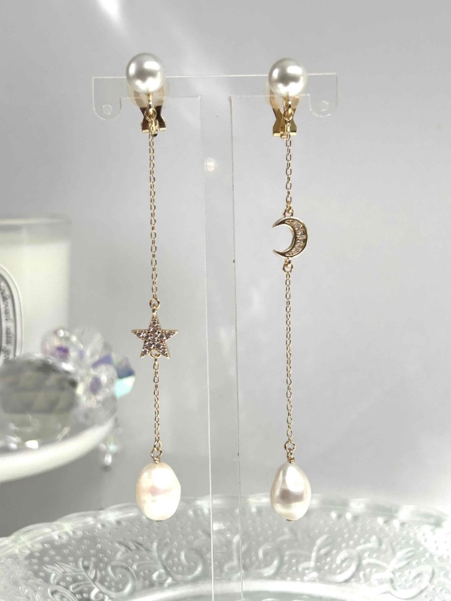 4/9 20:00-販売開始 星と月の淡水パール14kgfチェーンイヤリング