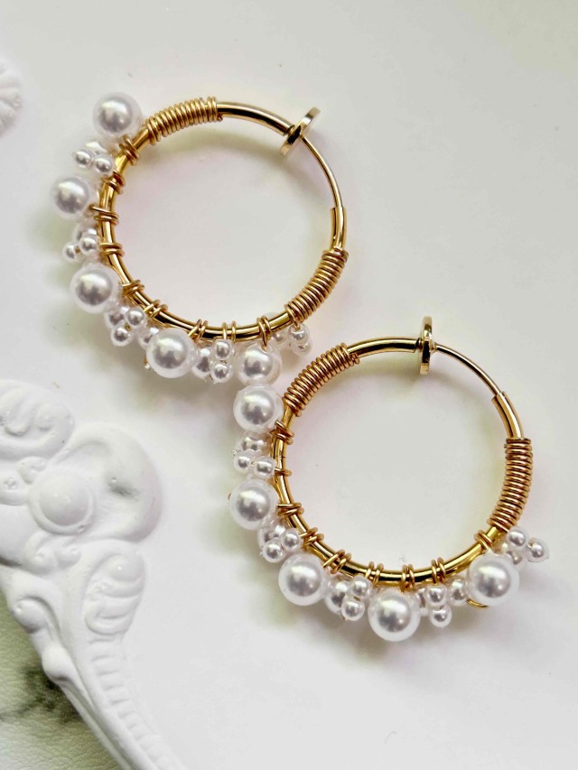 ピアスみたいなイヤリング　マルチパールフープイヤリング