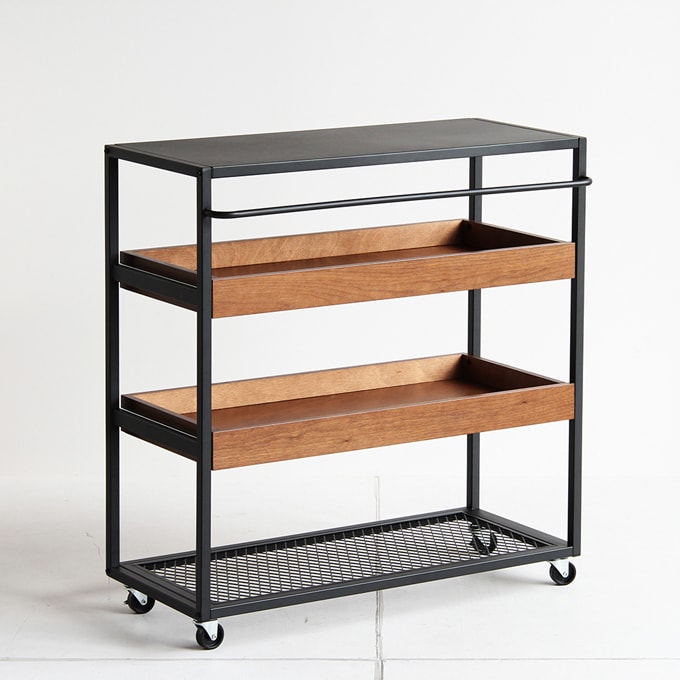 ウォルナット天然木と鉄脚のワゴンシェルフ