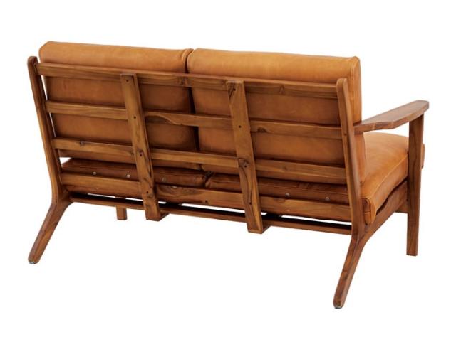 チーク木枠の本革2人掛けソファ