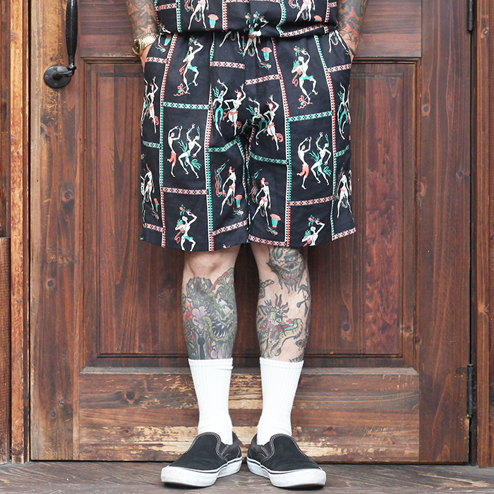 NORTH NO NAME/ノースノーネーム「"Dancer pattern" Shorts / BLACK」 総柄ショートパンツ