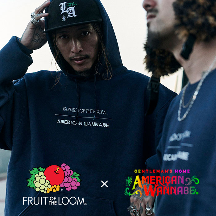 FRUIT OF THE LOOM × AMERICAN WANNABE「DRAGON FRUIT HOODY / NAVY」コラボレーションデザインフーディー