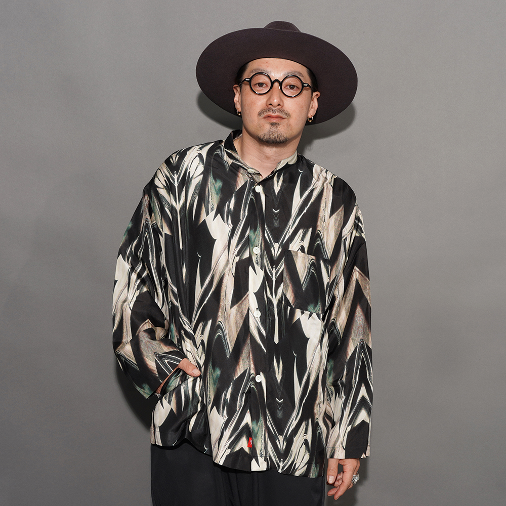 NASTOYS/ナストイズ「Atomic Silk Band Collar L/S SHIRTS / BLACK」アトミック柄シルクバンドカラーL/Sシャツ
