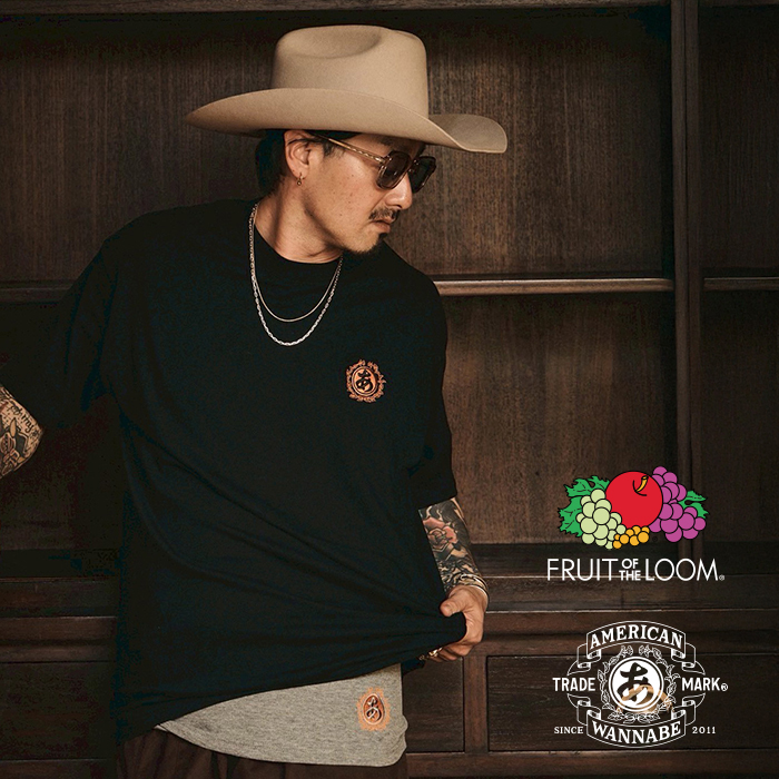 【LIMITED ITEM】FRUIT OF THE LOOM × AMERICAN WANNABE「TRADE MARK EMBROIDERY S/S TEE / BLACK×ORANGE」S/S Tシャツ