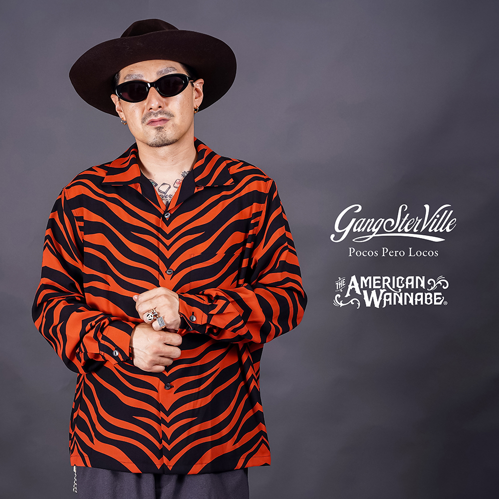 【予約商品】【LIMITED ITEM】GANGSTERVILLE×THE AMERICAN WANNABE「TIGER ALLEY - L/S SHIRTS / ORANGE」オリジナルポリエステル生地長袖シャツ