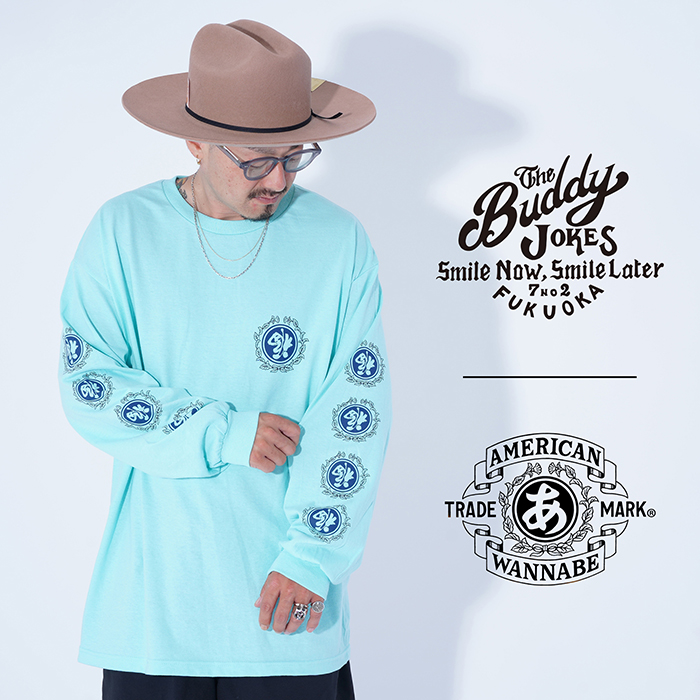 【LIMITED ITEM】BUDDY JOKES×AMERICAN WANNABE「 BW TRADEMARK L/S TEE / CELADON」プリントL/S Tシャツ