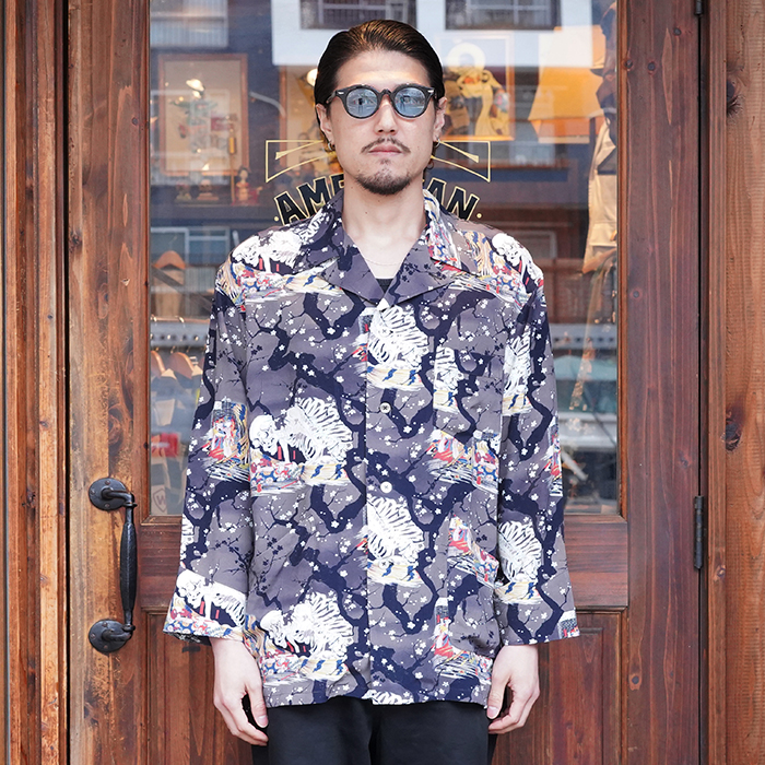 BLACK SIGN/ブラックサイン「“Kuniyoshi Utagawa” Three Quarter Sleeve Night Hawaiian Shirt / Yozakura & Skull」七分袖ハワイアンシャツ