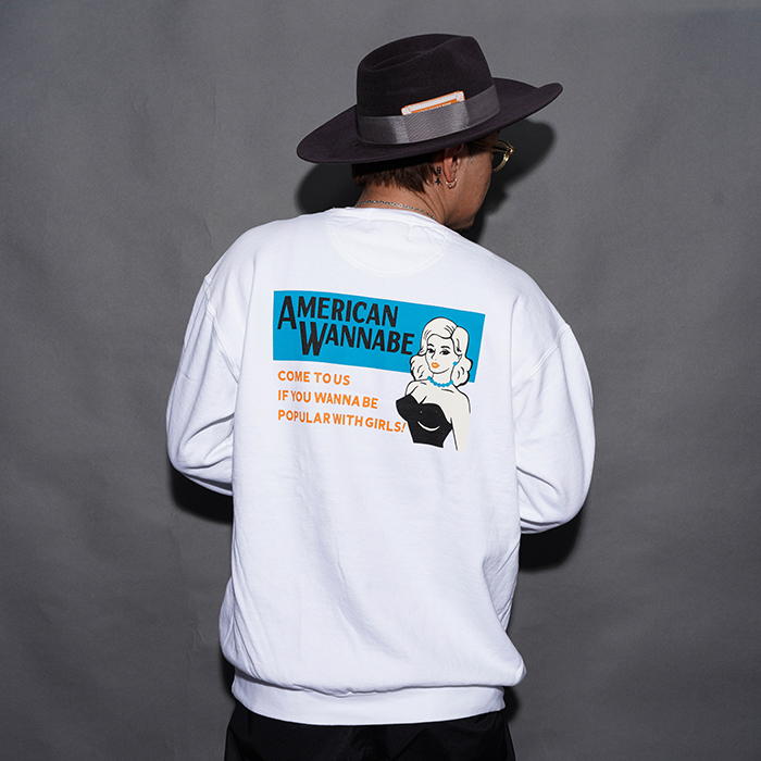AMERICAN WANNABE/アメリカンワナビー「COME TO US Crew Sweat / WHITE」クルーネックスウェット