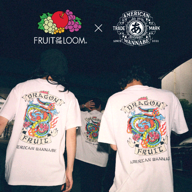 FRUIT OF THE LOOM × AMERICAN WANNABE「DRAGON FRUIT S/S T-SHIRT / WHITE」コラボレーションデザインS/S Tシャツ