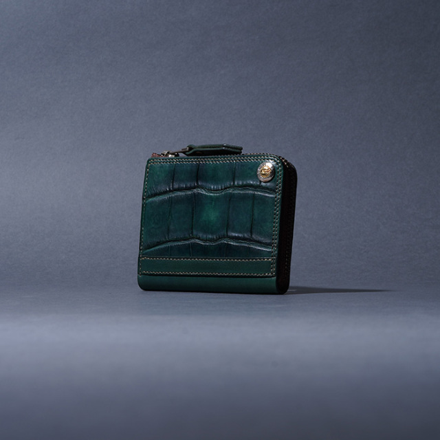 MOTO / モト「FW4 CROCODILE×BELGIUM CASE LEATHER COMPACT ZIP WALLET / GREEN」ヌメクロコダイル×ベルギーヌメ コンパクトジップウォレット