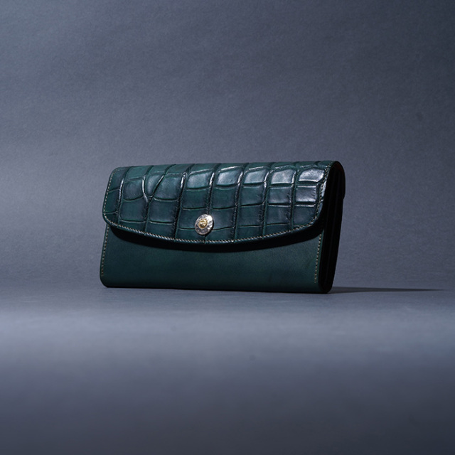 MOTO / モト「LW2 CROCODILE×BELGIUM TAN LEATHER LONG WALLET / GREEN」クロコダイル×ベルギーヌメレザー ロングウォレット