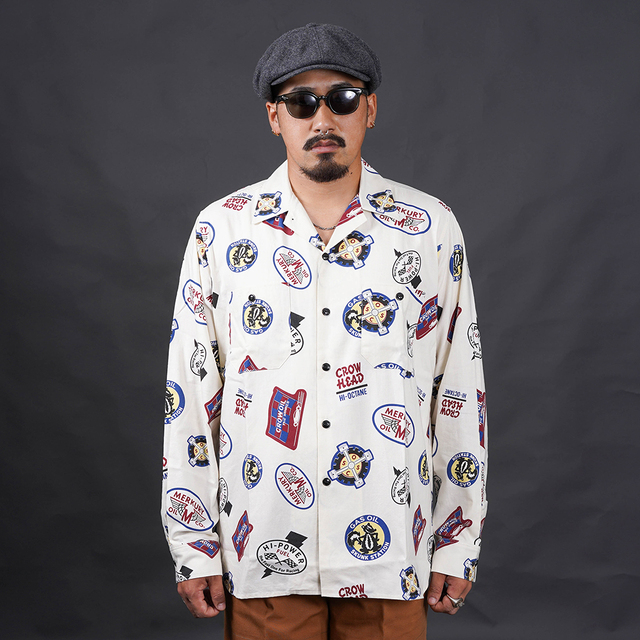 OLD CROW/オールドクロー「SPEEDWAY - L/S SHIRTS / IVORY」オリジナルコットンプリント長袖シャツ