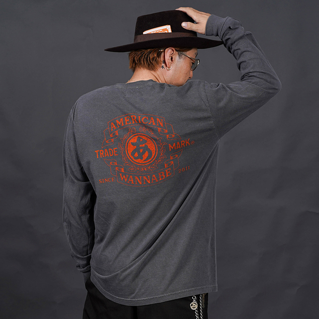 THE AMERICAN WANNABE/アメリカンワナビー「TRADE MARK L/S TEE / BLACK」プリント長袖Tシャツ