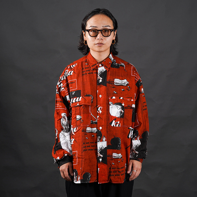 PORTER CLASSIC / ポータークラシック「ROLL UP GAUZE SHIRT (THE KISS OF OHARIKO MAFIA) / RED」長袖ロールアップシャツ