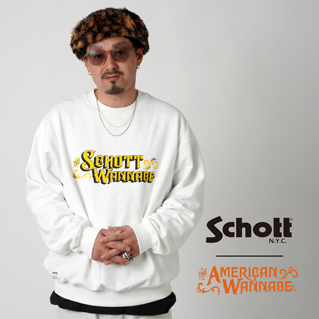 Schott × AMERICAN WANNABE「×AW CREW SWEAT/ WHITE」コラボレーション 