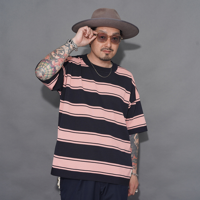 NASTOYS/ナストイズ「Border Crew Neck S/S Knit / PINK×BLACK」ボーダークルーネックS/Sニット