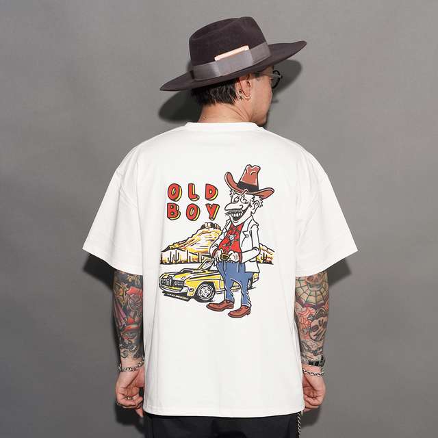 ネイティブアメリカンスタイル　オールドストック　スモーキービズビー　ハンドメイド AWTO-260101 /「OLD BOY S/S TEE Graphic by Lucky Rudy / WHITE