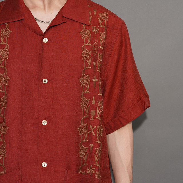 GSV6112 /「memento mori - S/S GUAYABERA SHIRTS / BURGUNDY
