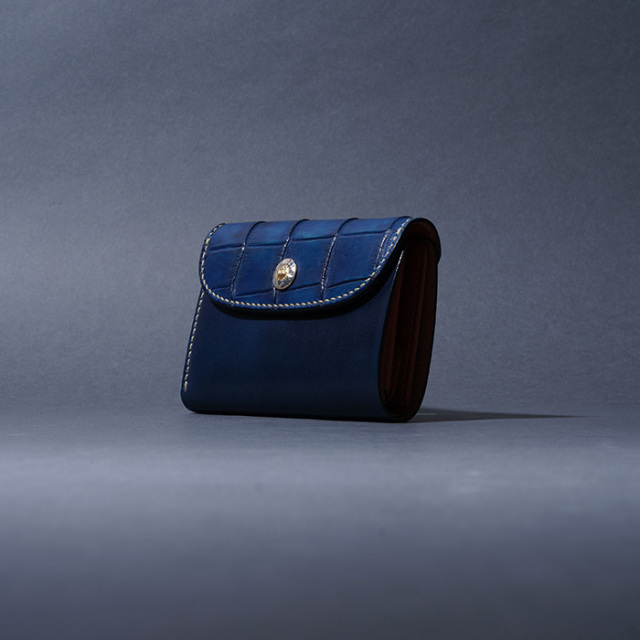 MOTO / モト「W6 CROCODILE×BELGIUM CASE LEATHER MIDDLE WALLET / NAVY」クロコダイル×ベルギーヌメトミドルウォレット