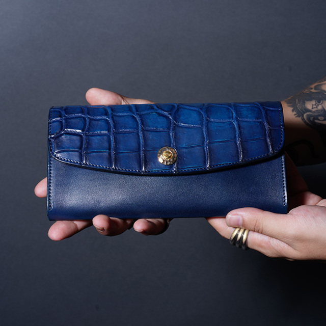 MOTO / モト「LW2 CROCODILE×BELGIUM TAN LEATHER LONG WALLET / NAVY