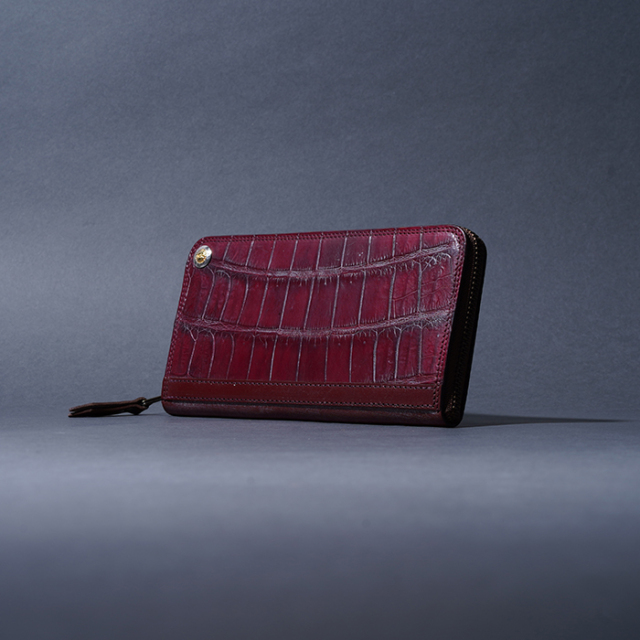 MOTO / モト「FW1 CROCODILE×BRIDLE LEATHER  ZIP LONG WALLET / BURGUNDY」ブライドルクロコ×ブライドルレザー ジップロングウォレット