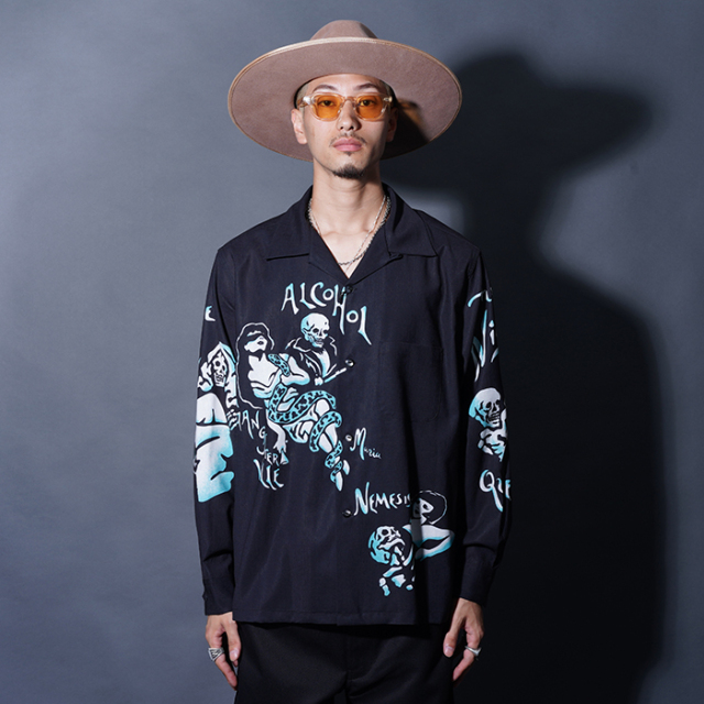 GANGSTERVILLE/ギャングスタービル「TOTENTANZ - L/S SHIRTS / BLACK×SAX」オリジナルポリエステルL/Sシャツ