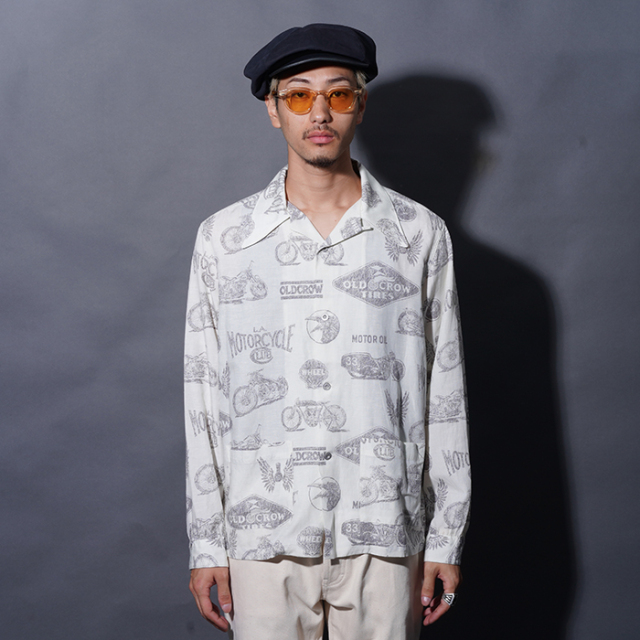 OLD CROW/オールドクロー「L.A. MOTORCYCLE GARAGE - L/S SHIRTS / BROWN」オリジナルレーヨンリネンL/Sシャツ