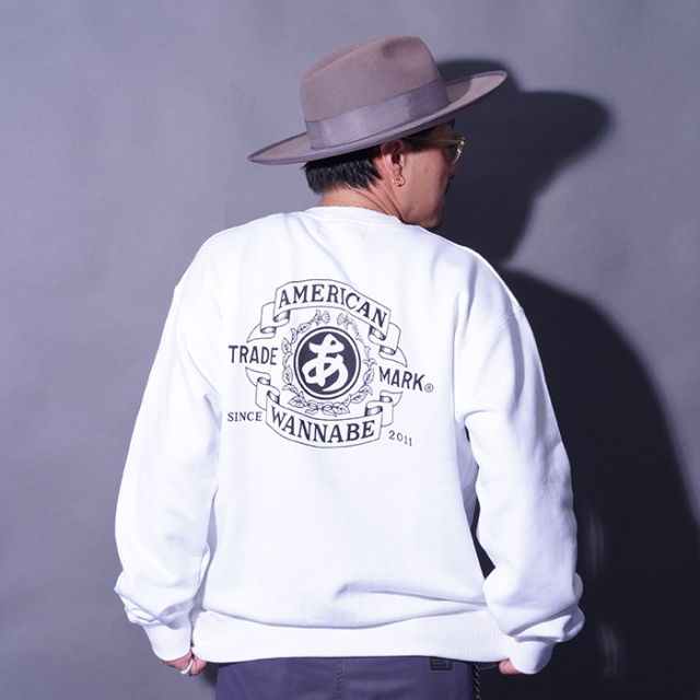 AMERICAN WANNABE/アメリカンワナビー「TRADE MARK Crew Sweat / WHITE」クルーネックスウェット