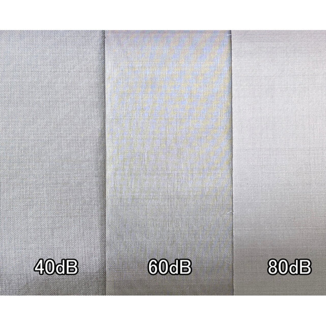 電磁波シールドメッシュ 対応電磁波（40dB,60dB, 80dB)を紹介している