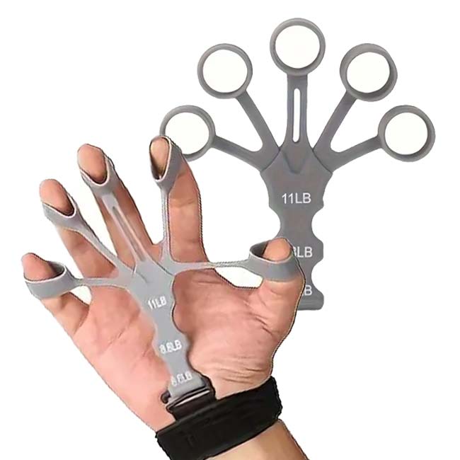 「テニス肘の予防に！リハビリに！」 シリコン製5本指トレーナー 指ストレッチャー 手首強化　11-8.8-6.6LB(ポンド) 指エクササイズバンド TE209966-グレー(24y4m)