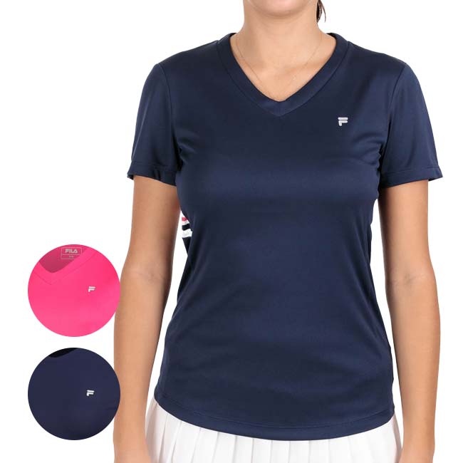 在庫処分特価】【ＵＳサイズ】FILA(フィラ) 2023 FW レディース PAULA(ポーラ) Vネック 半袖Tシャツ XFL232117(23y11mテニス)