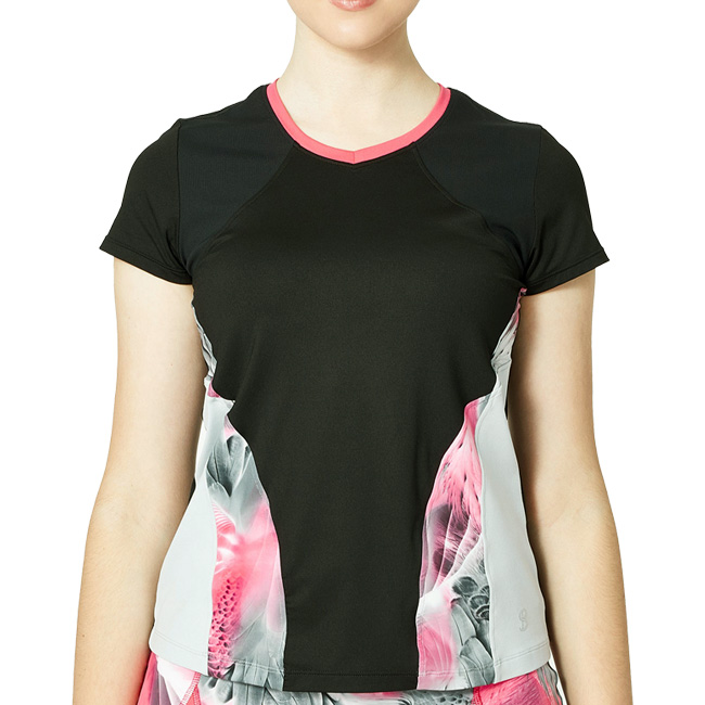 【ＵＳサイズ】Sofibella(ソフィベラ) レディース Phoenix 配色切替 半袖Tシャツ 1906-BLK ブラック(22y2mテニス)