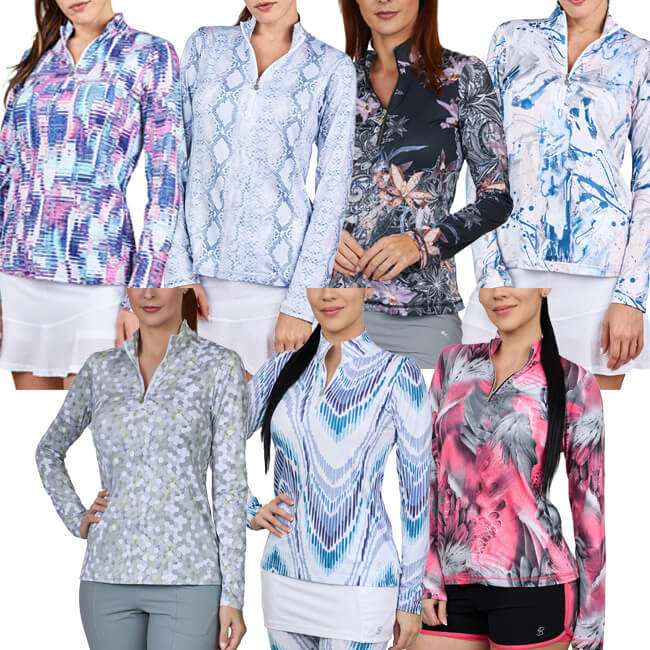 【ＵＳサイズ】Sofibella(ソフィベラ) レディース UV Feather 長袖ハーフジップポロ プリント柄 9004／9004F(22y2mテニス)