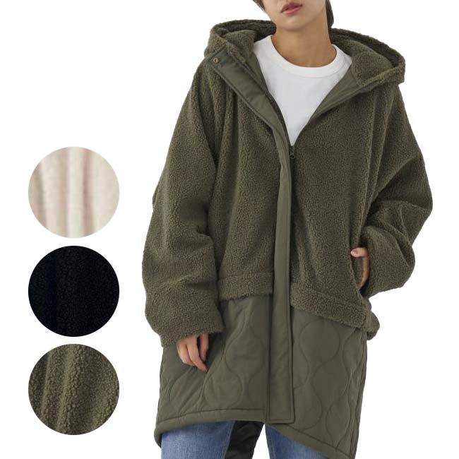 在庫処分特価】「日本サイズ」OceanPacific(オーシャンパシフィック／OP) 2023 FW レディース ボア×キルト切り替え フード付き ロングコート 553-212(23y11mトレーニング)