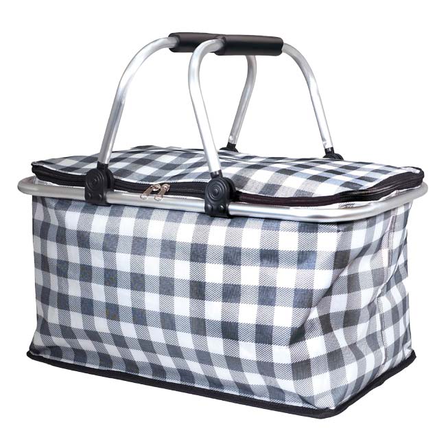 【保冷専用】ハック(HAC) 折りたたみ式 保冷バスケット チェック柄 大容量20L クッション付き取っ手 ファスナー開閉 HAC5461 ブラック×ホワイト(26y4m)