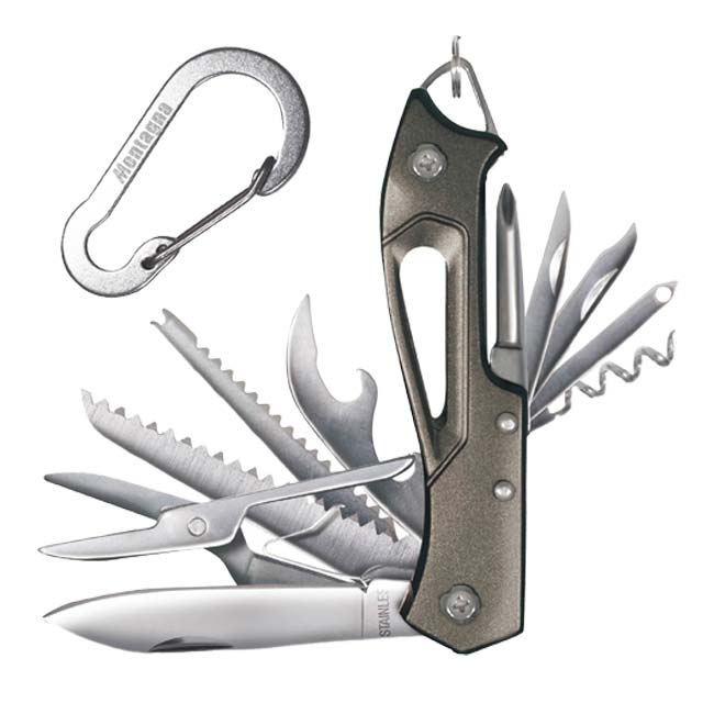 【緊急時やアウトドアなどマルチに大活躍】Montagna(モンターナ) カラビナ付き14in1マルチフ゜ライヤー 14役塔載 多機能ツール HAC4509 グレー(25y9m)