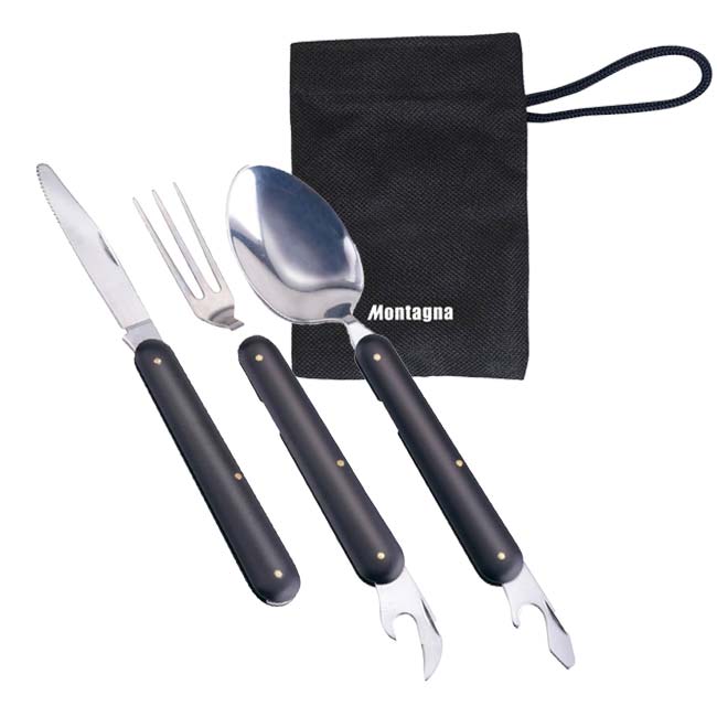 【便利な4点セット】Montagna(モンターナ) ツール付き折りたたみカトラリーセット スプーン+栓抜き フォーク+缶切り ナイフ 専用袋 HAC4522 ブラック(25y6m)