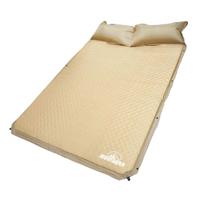 「テント泊や車内泊に」Montagna(モンターナ) マクラ付き 自動膨張キャンプマット ワイドサイズ 簡単自動膨張 HAC2-0430-ベージュ(23y2m)