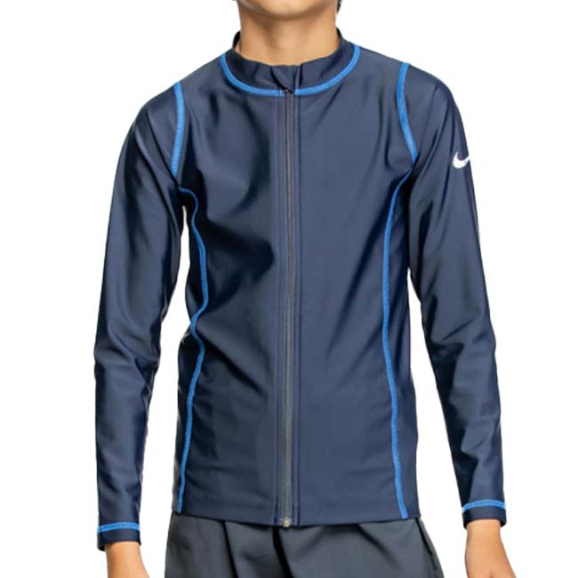 在庫処分特価】ナイキ(NIKE) ジュニア(ボーイズ) フルジップ ロングスリーブ UV ラッシュガード スクール水着 ※トップスのみ 1991092-10ネイビー×B(25y3m)