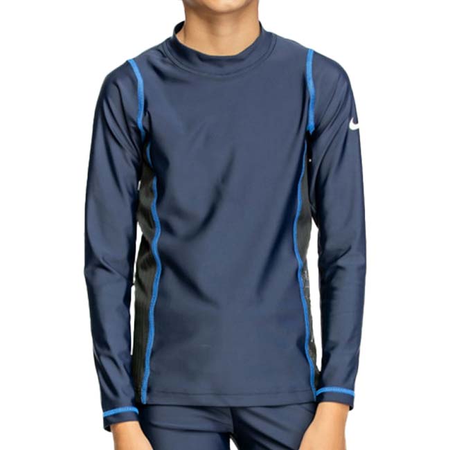 在庫処分特価】ナイキ(NIKE) ジュニア(ボーイズ) ロングスリーブ UV ラッシュガード スイム スクール水着 ※トップスのみ 1991091-10ネイビー×ブルー(25y3m)